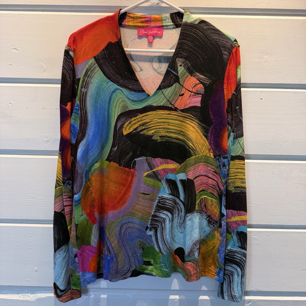 Claire Desjardins Knit Long Sleeve Top Abstract Art Multicolor Womens M
